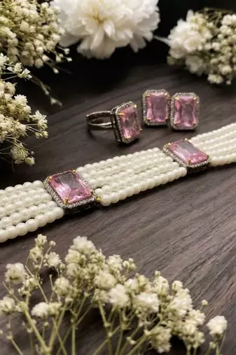 white pearl choker necklace set with pink crystal stone detailing