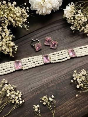 white pearl choker necklace set with pink crystal stone detailing 3