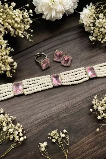 white pearl choker necklace set with pink crystal stone detailing