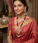 gold brass necklace set with peacock pendant pearl drop detailing