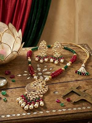 gold brass necklace set with peacock pendant pearl drop detailing 2