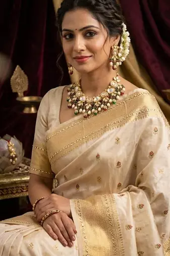 Traditional gold-plated kundan necklace set with pearl drops & green-red beads for women