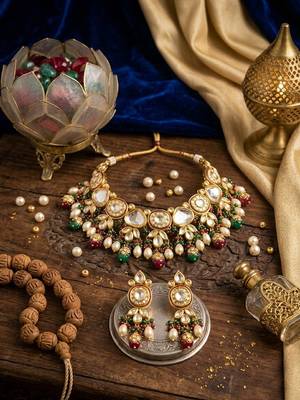 gold brass necklace set with kundan pearl drop bead design 2