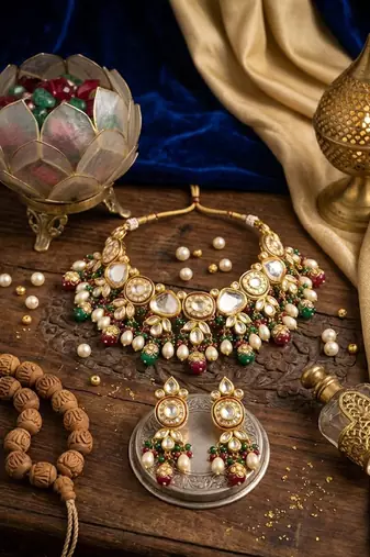 gold brass necklace set with kundan pearl drop bead design