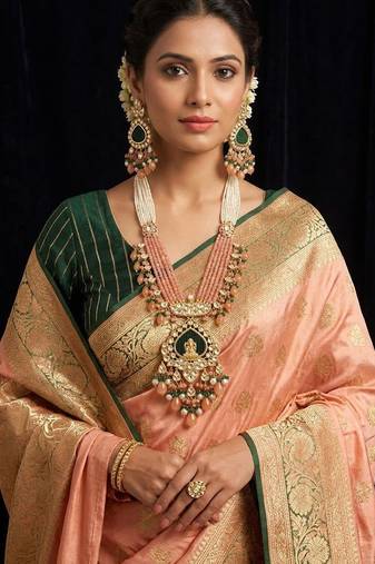 Traditional gold-plated lakshmi pendant long necklace set with peach beads & kundan work