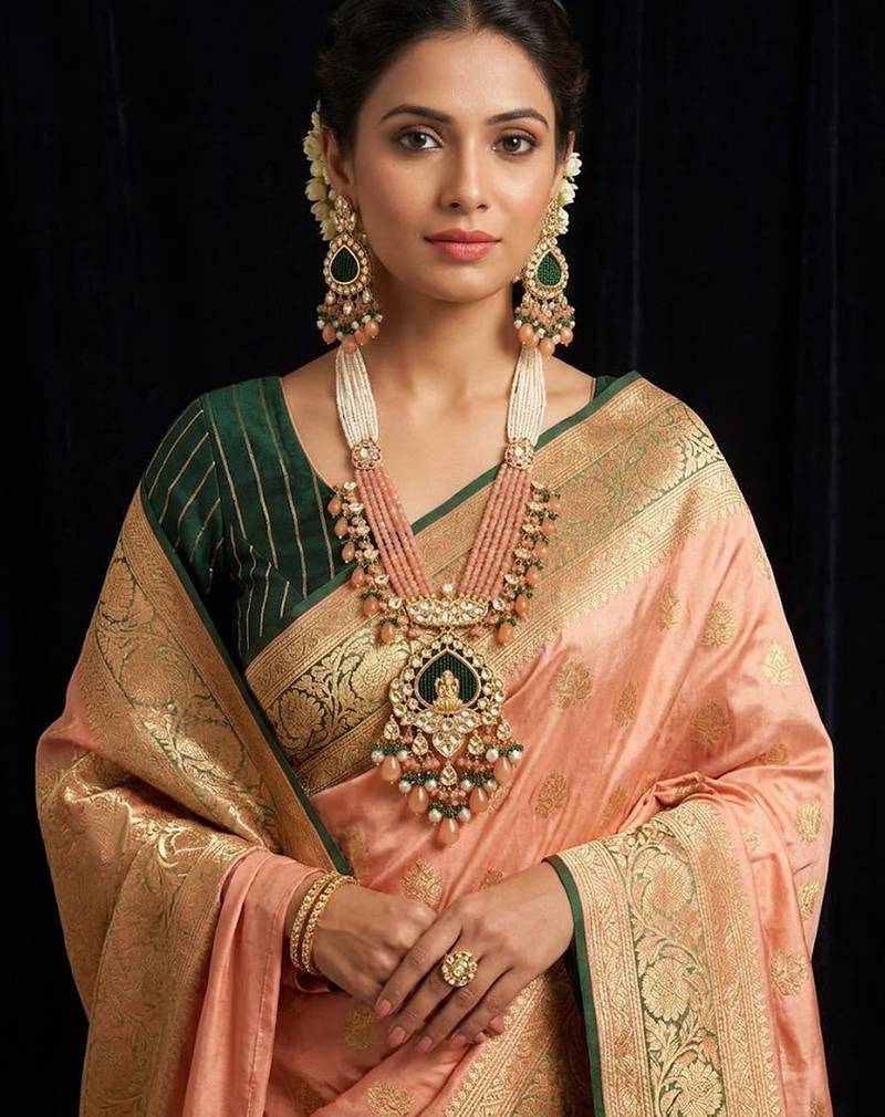 Traditional gold-plated lakshmi pendant long necklace set with peach beads & kundan work