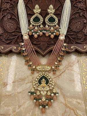 gold brass necklace set with lakshmi pendant peach bead motifs 2