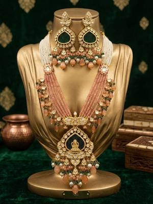 gold brass necklace set with lakshmi pendant peach bead motifs 3