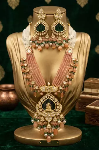 gold brass necklace set with lakshmi pendant peach bead motifs