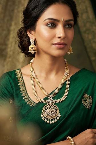 Traditional gold-plated layered necklace set with pearl drop pendant & jhumka earrings
