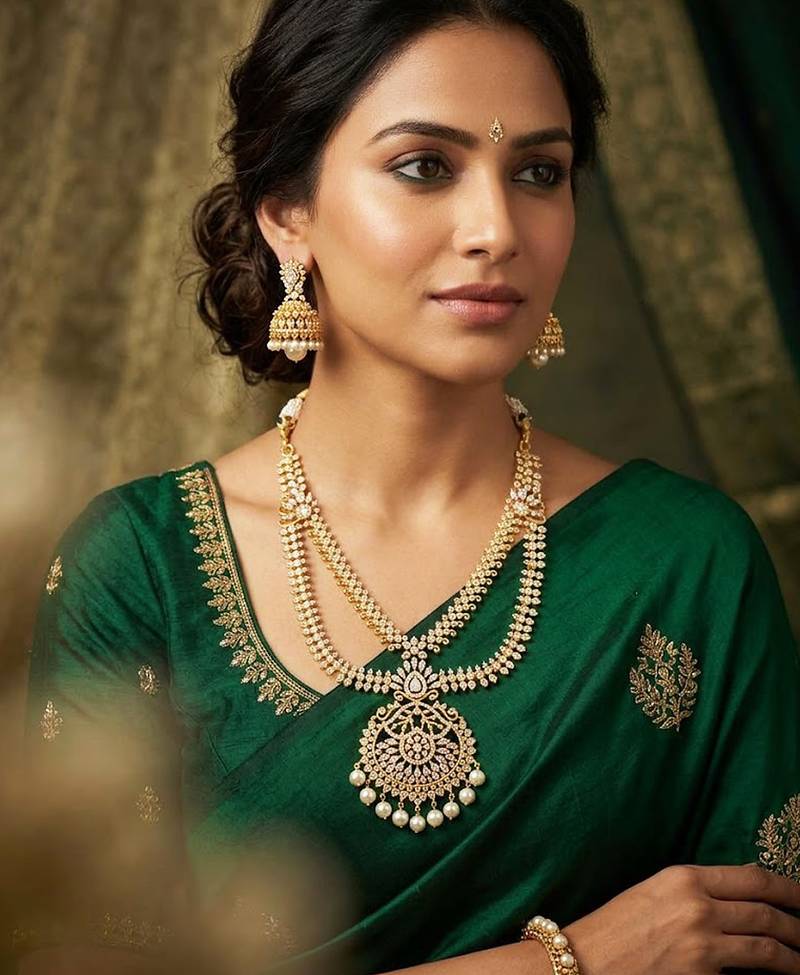 Traditional gold-plated layered necklace set with pearl drop pendant & jhumka earrings