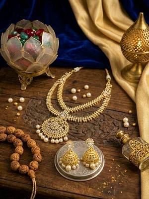gold brass necklace set with pearl drop pendant work 2