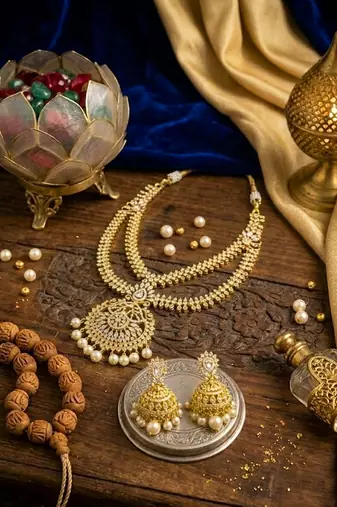 gold brass necklace set with pearl drop pendant work