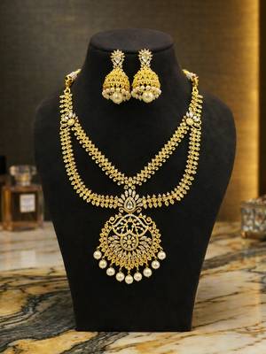 gold brass necklace set with pearl drop pendant work 3
