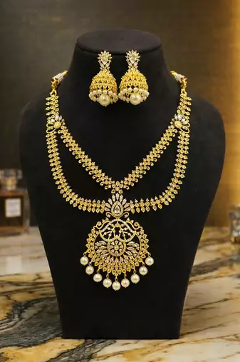 gold brass necklace set with pearl drop pendant work