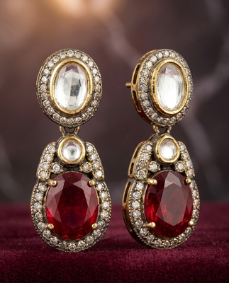 gold brass necklace set with kundan red stone motif work 3