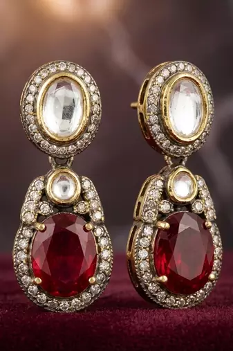 gold brass necklace set with kundan red stone motif work