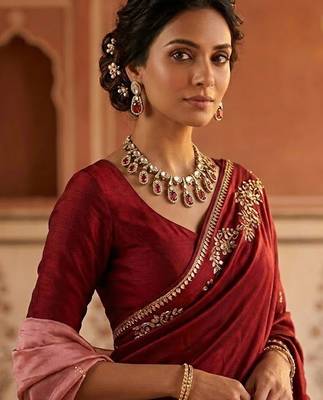 gold brass necklace set with kundan red stone motif work 4