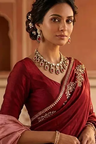 gold brass necklace set with kundan red stone motif work