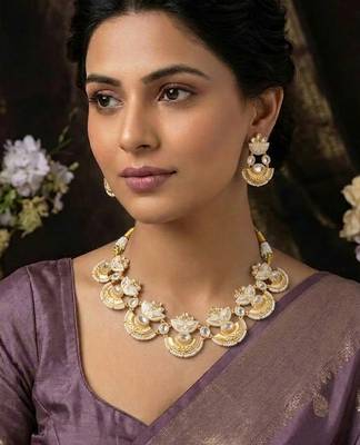 gold brass necklace set with pearl drop design work 1