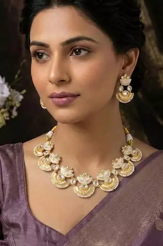 Elegant gold-plated statement necklace set with pearl accents & matching earrings for women