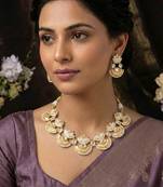 gold brass necklace set with pearl drop design work