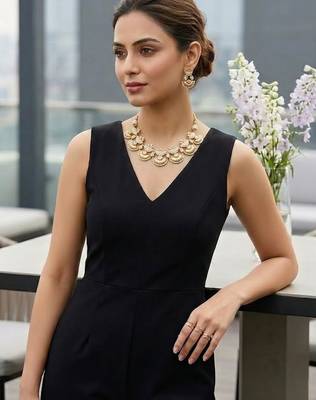gold brass necklace set with pearl drop design work 2