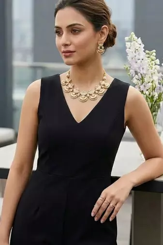 gold brass necklace set with pearl drop design work