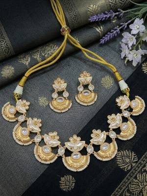 gold brass necklace set with pearl drop design work 3
