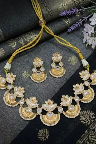 gold brass necklace set with pearl drop design work