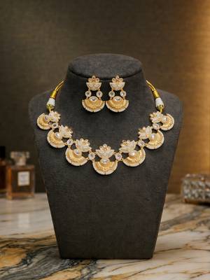 gold brass necklace set with pearl drop design work 4