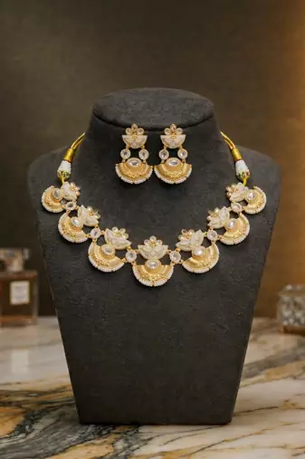 gold brass necklace set with pearl drop design work