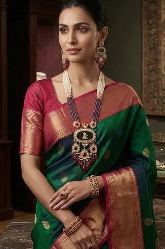 Traditional gold-plated ganesha pendant long necklace set with ruby beads & kundan work