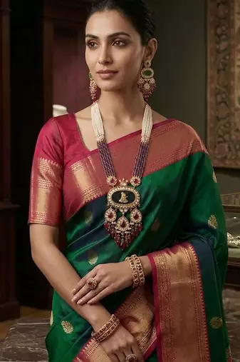 Traditional gold-plated ganesha pendant long necklace set with ruby beads & kundan work