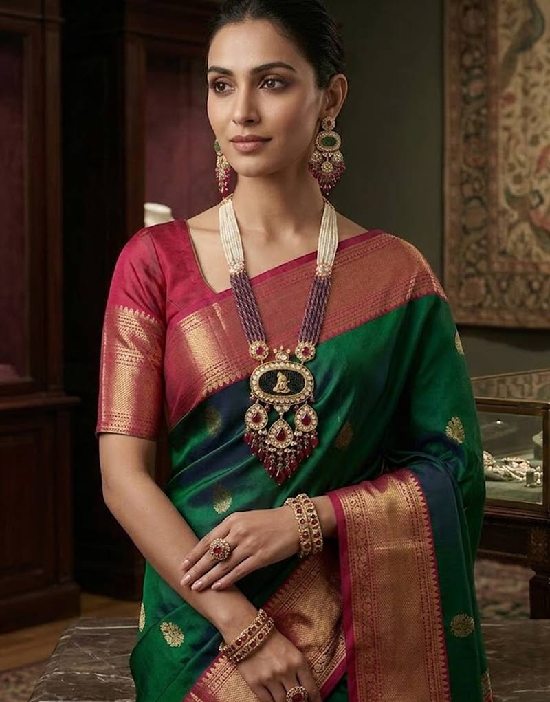 Traditional gold-plated ganesha pendant long necklace set with ruby beads & kundan work