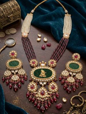 gold brass necklace set with ganesha kundan pearl work 2