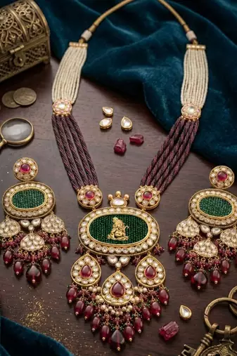 gold brass necklace set with ganesha kundan pearl work