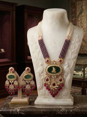 gold brass necklace set with ganesha kundan pearl work 3