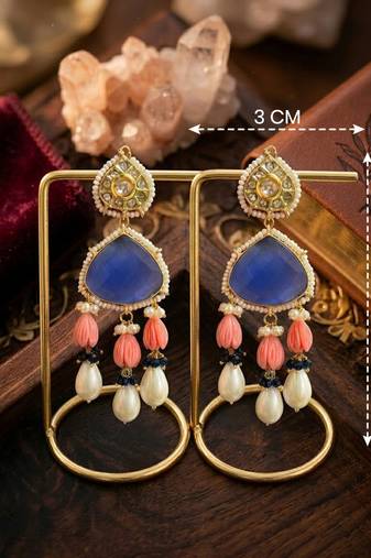 Royal blue stone & pearl drop traditional dangle earrings for women | ethnic party wear statement earrings
