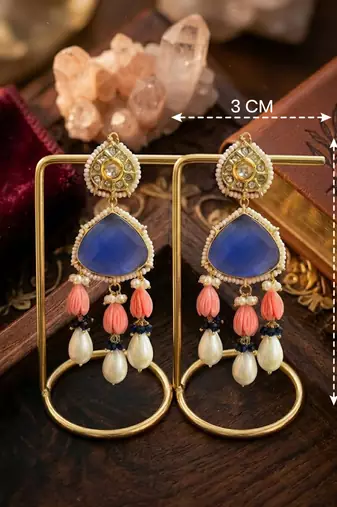Royal blue stone & pearl drop traditional dangle earrings for women | ethnic party wear statement earrings
