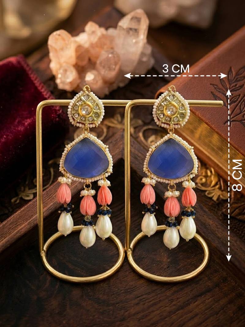 Royal blue stone & pearl drop traditional dangle earrings for women | ethnic party wear statement earrings