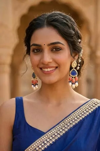 blue brass dangle earrings with stone pearl drop work