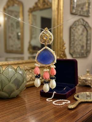 blue brass dangle earrings with stone pearl drop work 3