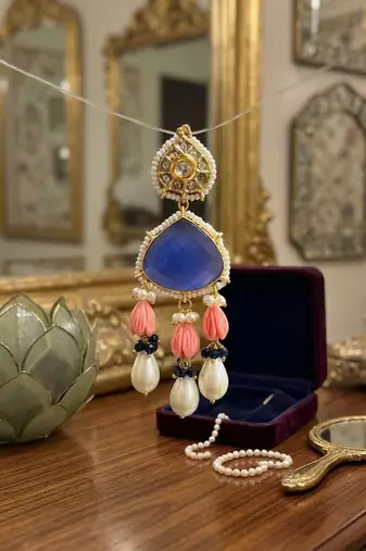 blue brass dangle earrings with stone pearl drop work