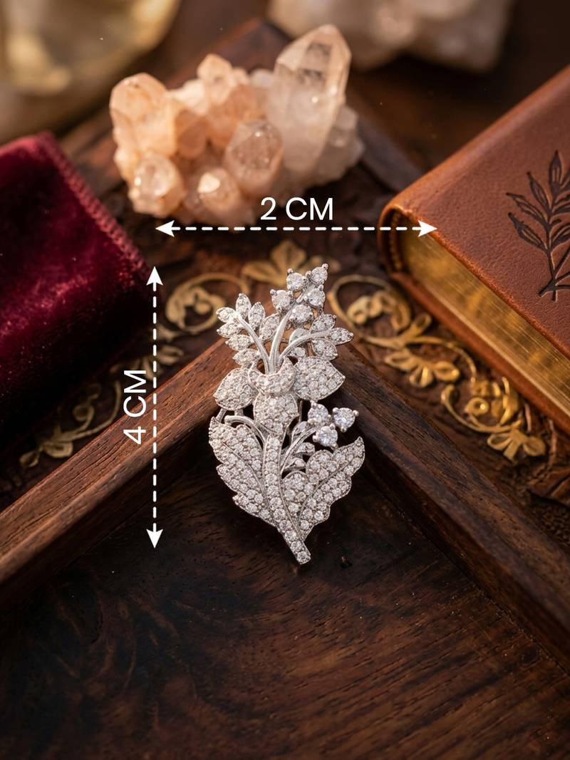 Elegant crystal leaf floral brooch pin for women | silver tone designer saree & blazer brooch