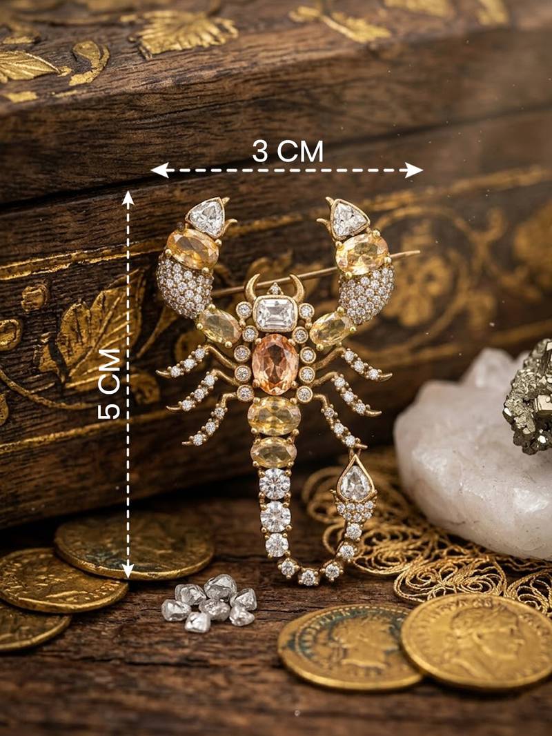 Vintage scorpion design crystal stone brooch pin for women & men | gold tone statement fashion brooch