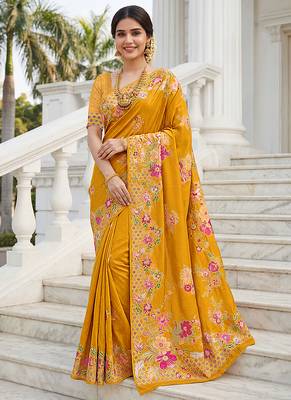 Mustard yellow russian silk saree with floral position print     festive & wedding wear 1