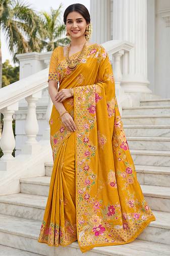Mustard yellow russian silk saree with floral position print – festive & wedding wear