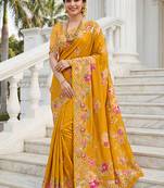 Mustard yellow russian silk saree with floral position print     festive & wedding wear