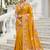 Mustard yellow russian silk saree with floral position print – festive & wedding wear